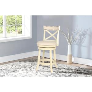 York 24 in. Antique White Cross Back Wood Counter Stool with Fabric Seat