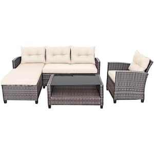 4-Piece Wicker PE Rattan Patio Conversation Set with Off White Cushion and Table Shelf