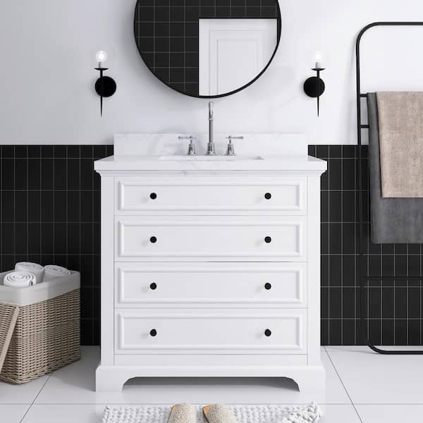 JimsMaison 36 in. W. x 22 in. D x 36 in. H Single Sink Freestanding Bath Vanity in White with White Engineered Stone Composite Top
