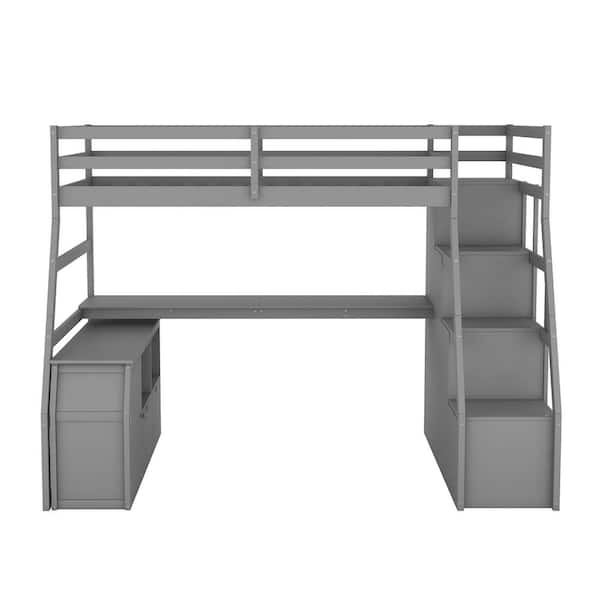 Twin Size Loft Bed with 7 Drawers 2 Shelves and Desk-Gray