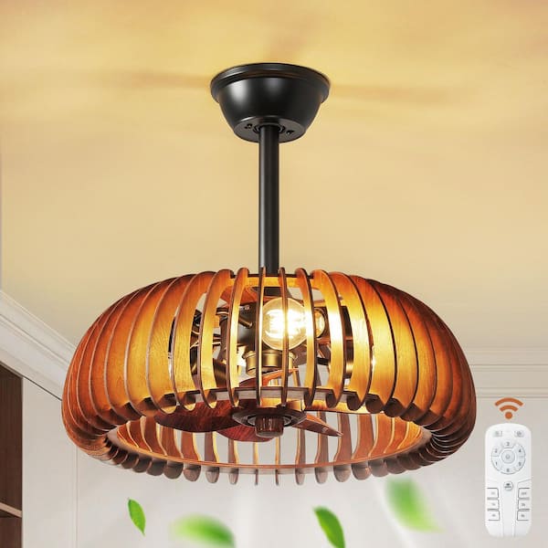 12 in. Indoor Brown Low Profile Wooden Farmhouse Cage Ceiling Fan With Light And Remote Control 6-Speed Reversible Motor