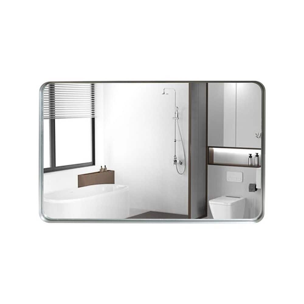 40 in. W x 30 in. H Rectangular Rounded Corner Aluminum Framed Beveled Wall Bathroom Vanity Mirror in Brushed Silver price history on PriceWatchPro
