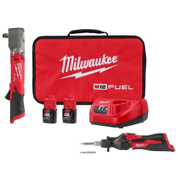 Milwaukee M12 FUEL 12V Lithium-Ion Brushless Cordless 1/2 in Right Angle Impact Wrench Kit w Two 2.0 Ah Batteries & Soldering Iron