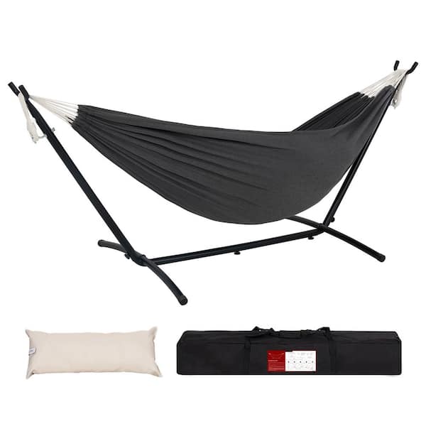 AURA OUTDOOR 9 ft. Fabric Double Hammock with Steel Stand, Portable Carrying Case and Pillow, 450 lbs. Capacity, Dark Grey