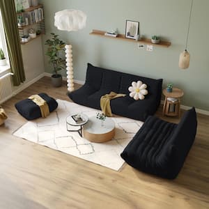 69 in. W Armless Teddy Velvet 3-piece Modular Free Combination Sectional Sofa with Ottoman in. Black