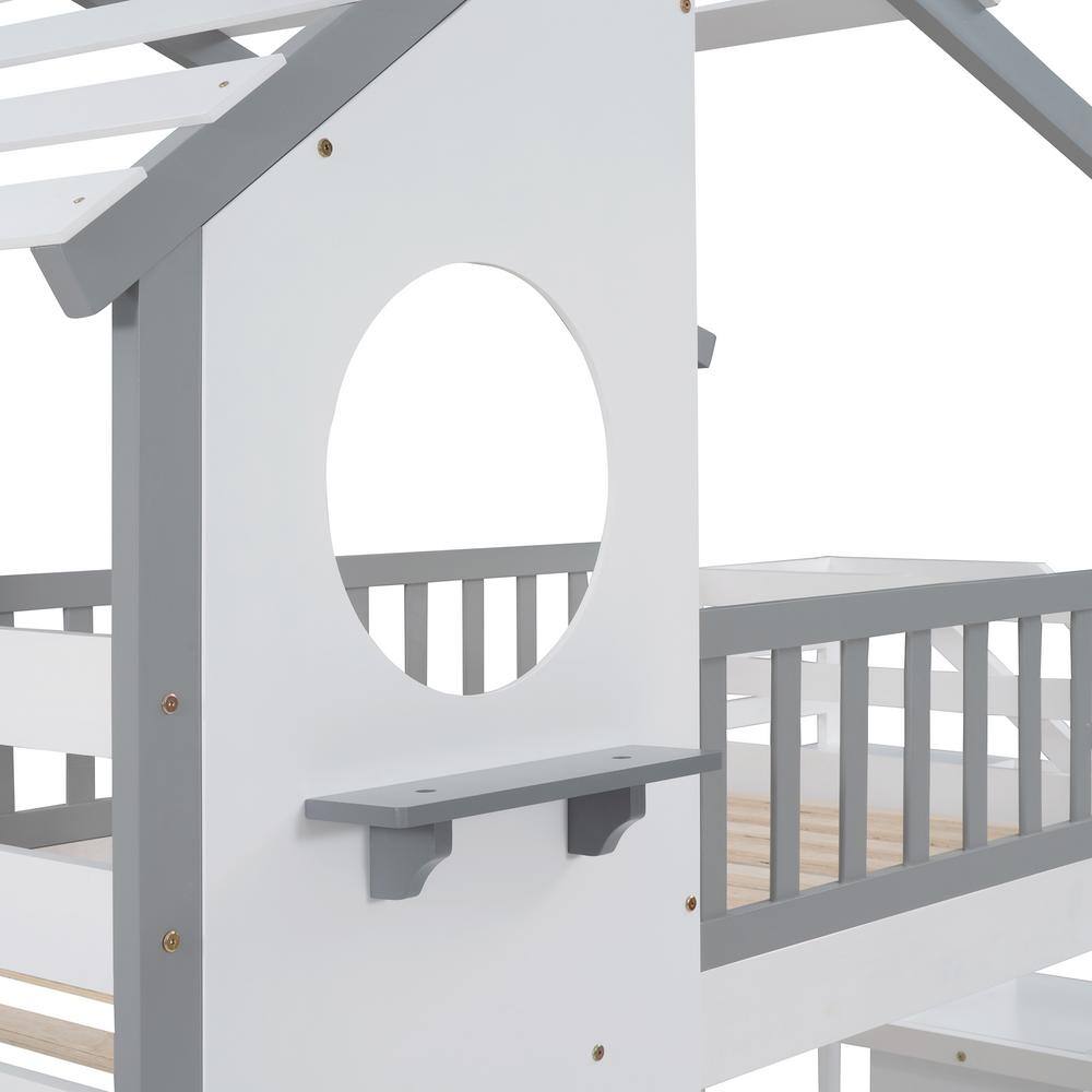 Harper & Bright Designs Gray Twin Wood House Bunk Bed with Storage Stairway - 3
