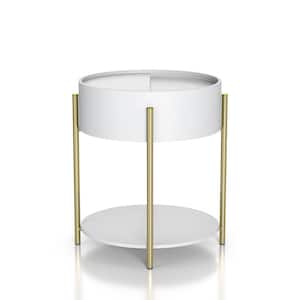 Waje 19.68 in. White Round Wood End Table with Hidden Storage