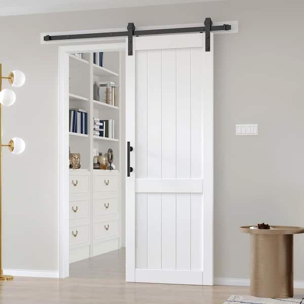 easelife 32 in. W. x 84 in. White DH Shape MDF Sliding Barn Door with Hardware Kit