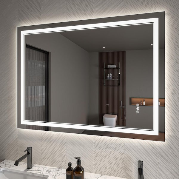 Lonni 48 in. W x 36 in. H Rectangular Frameless LED Light and Anti-Fog Wall Bathroom Vanity Mirror in Matte White