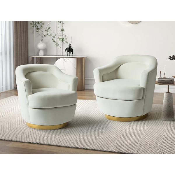 JAYDEN CREATION Cosmin Modern Polyester Ivory Swivel Barrel Chair with Metal Base and 3-degree Curved Seat Set of 2