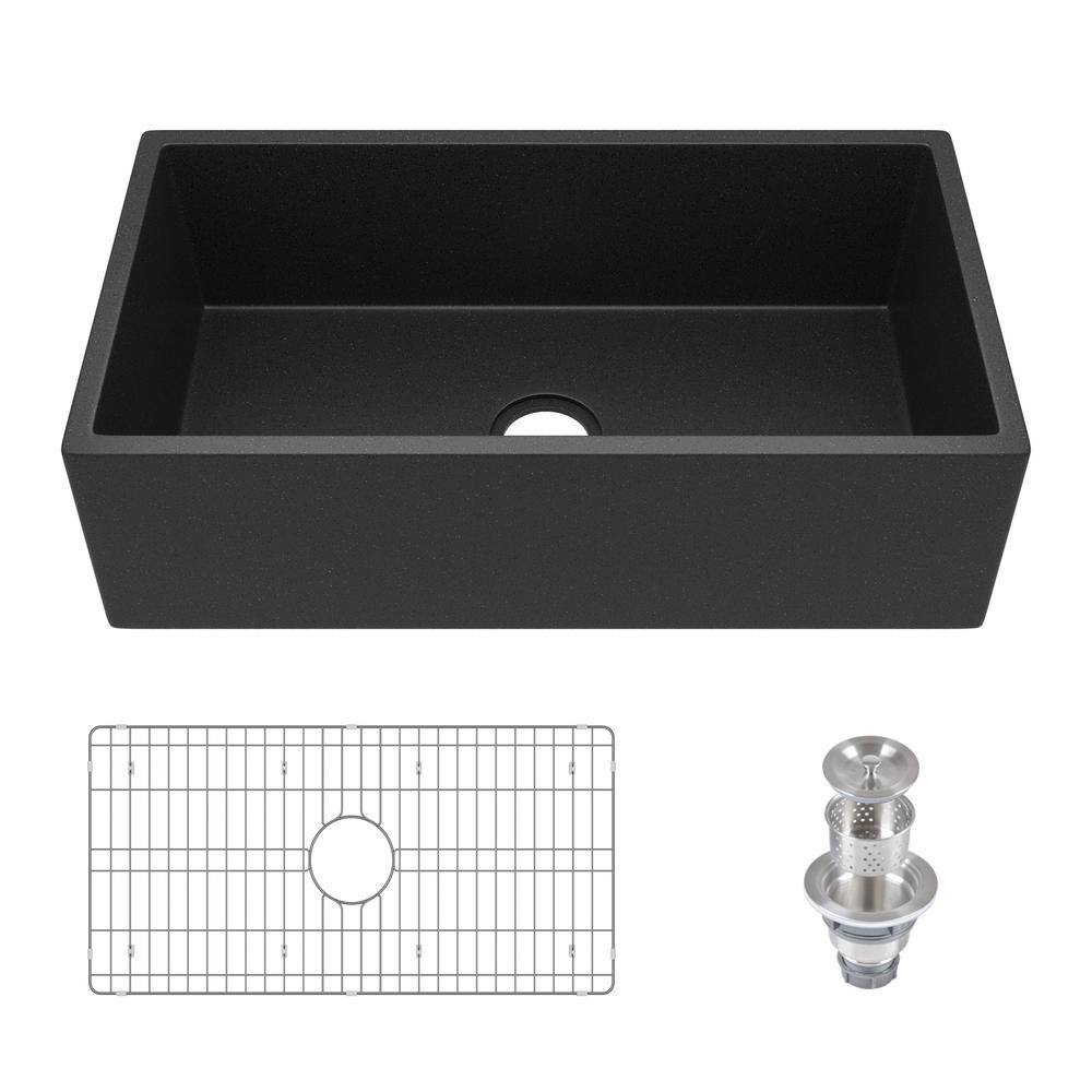 Dark Brown Concrete Farmhouse Kitchen Sink with Stainless Steel Grid