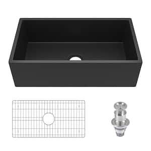 Dark Brown 33 in. Farmhouse Apron Front Single Bowl Concrete Kitchen Sink with Grid and Strainer