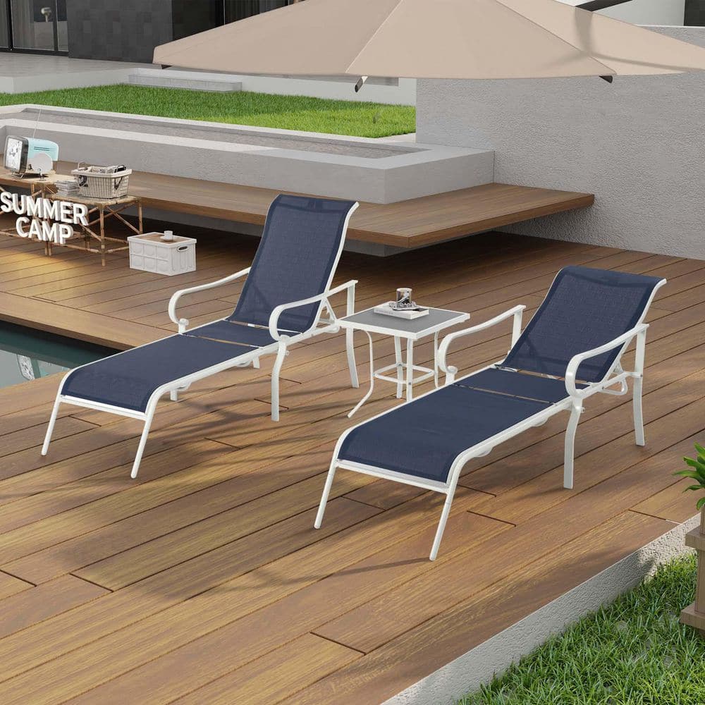 3 Pack Outdoor Lounge Chair Set with Side Table, Chaise Lounge with 5 Adjus