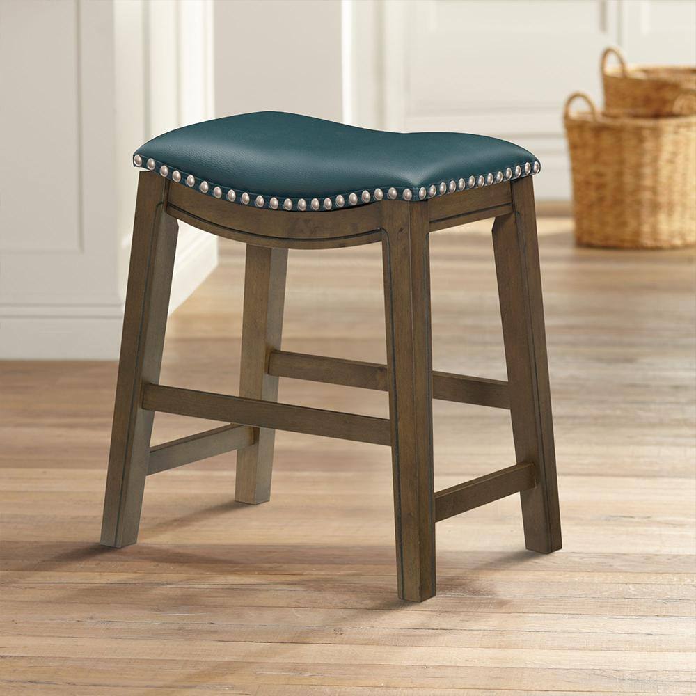 Green Backless Saddle Style Wood and Leather Counter Stool