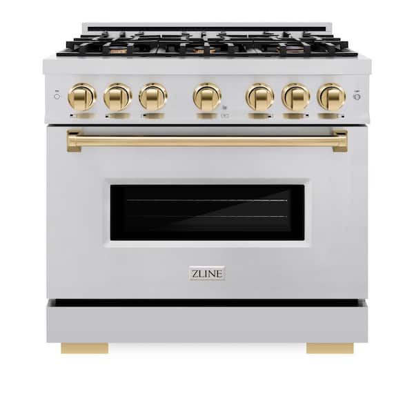Classic 36 in. 6-Burner Gas Range with Gas Convection Oven in Stainless Steel and Polished Gold