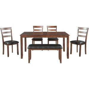 6-PieceWood Top Walnut Kitchen Table Set with Bench, Dining Table Set Dinette Table Set with PU Cushion for 6 Person