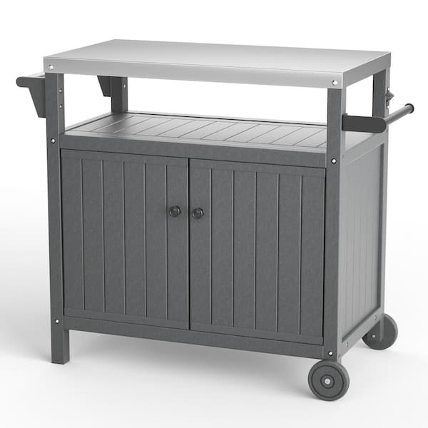 UPLAND Outdoor Grill Cart Table with Storage Waterproof Grill Cabinet, Stainless Steel Tabletop Outdoor Kitchen Island, Gray
