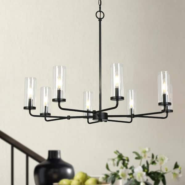 Modern 31.5 in. 8-Light Matte Black Chandelier Candlestick Branch High Ceiling Light with Cylinder Clear Glass Shades