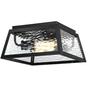 2-Light Black Outdoor Flush Mount Ceiling Light with Clear Water Glass