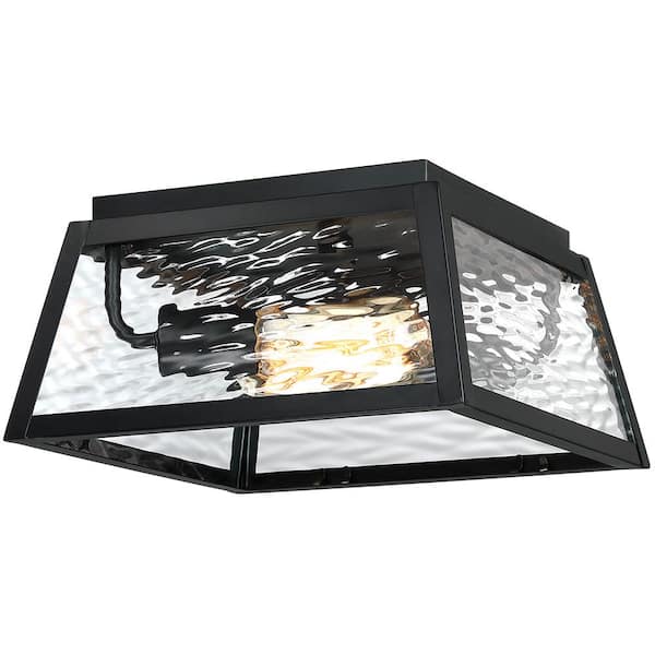 TRUE FINE 2-Light Black Outdoor Flush Mount Ceiling Light with Clear Water Glass