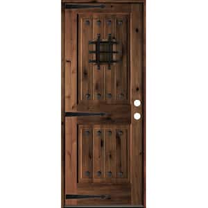 30 in. x 80 in. Mediterranean Knotty Alder Sq. Top Red Mahogony Stain Left-Hand Inswing Wood Single Prehung Front Door