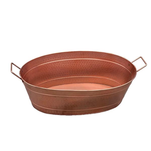 Benjara 1.7 Gal. Copper Steel Oval Shape Hammered Texture Metal Tub with 2 Side Handles