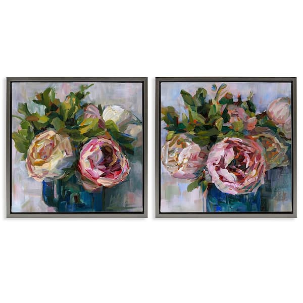 Stupell Industries Impasto Cabbage Roses in Vases by Borcherding 2 Pieces Gray Floater Frame Nature Graphic Art Print 18 in. x 18 in.