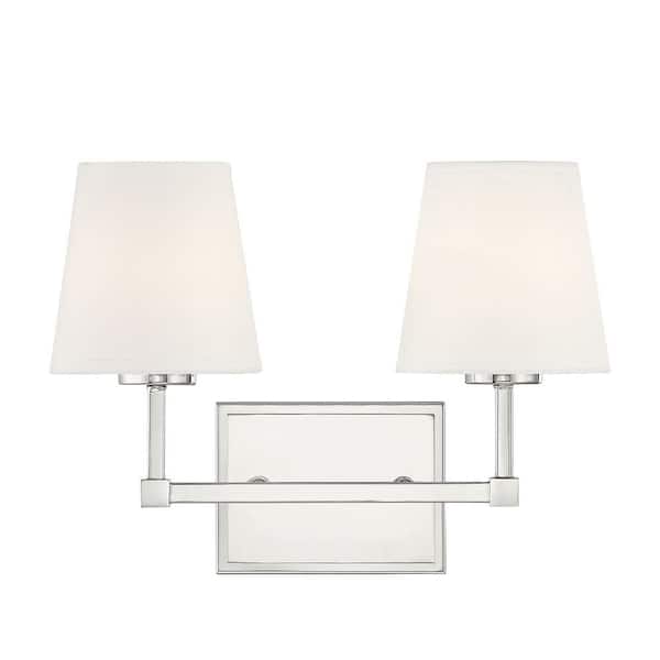 Savoy House 15 in. W x 9.5 in. H 2-Light Polished Nickel Bathroom Vanity Light with White Linen Fabric Shades