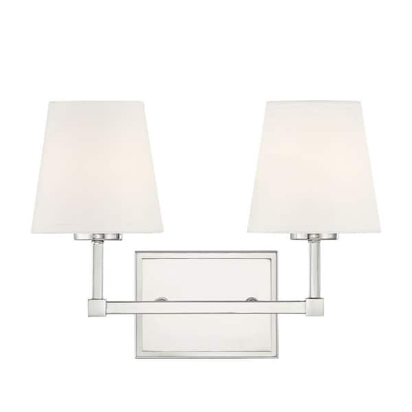 TUXEDO PARK LIGHTING 15 in. W x 9.5 in. H 2-Light Polished Nickel Bathroom Vanity Light with White Linen Fabric Shades