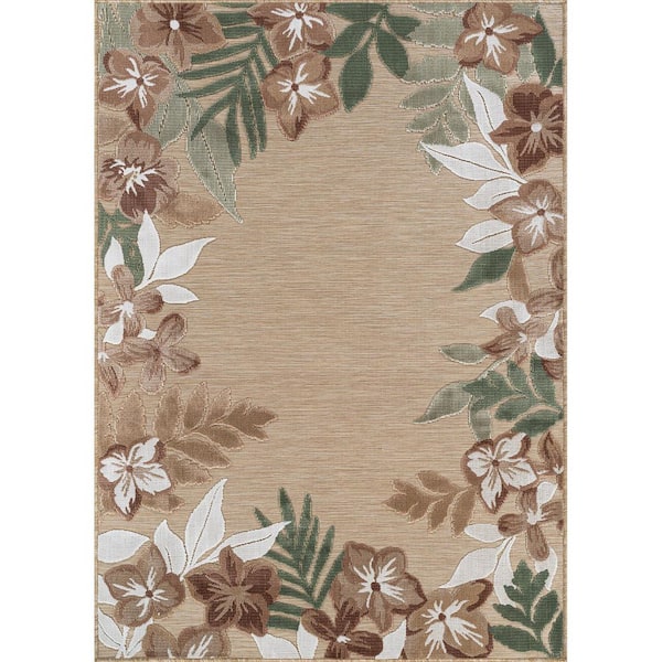 Eden  5 ft. x 7 ft. Beige Washable Border Floral Indoor Outdoor Area Rug