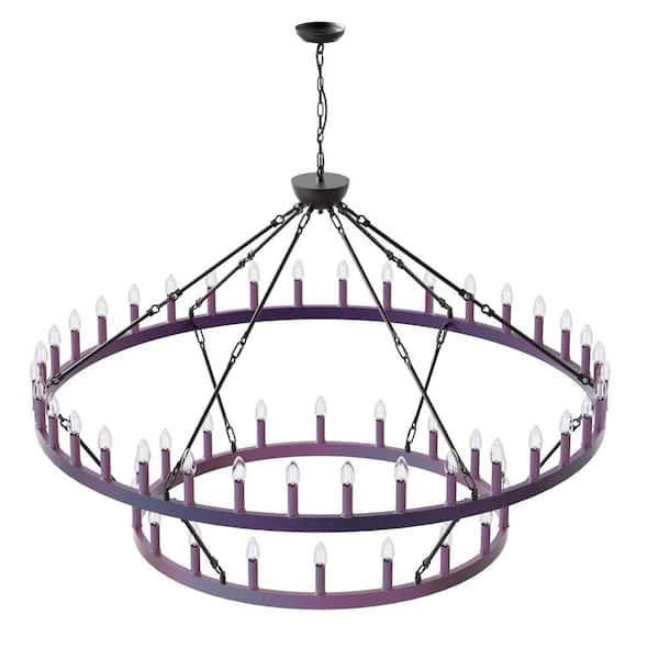 YANSUN 60 in. 54-Light Extra Large Purple Wagon Wheel Chandeliers, 2 Tier Farmhouse Pendant Light for Dining Room Living Room