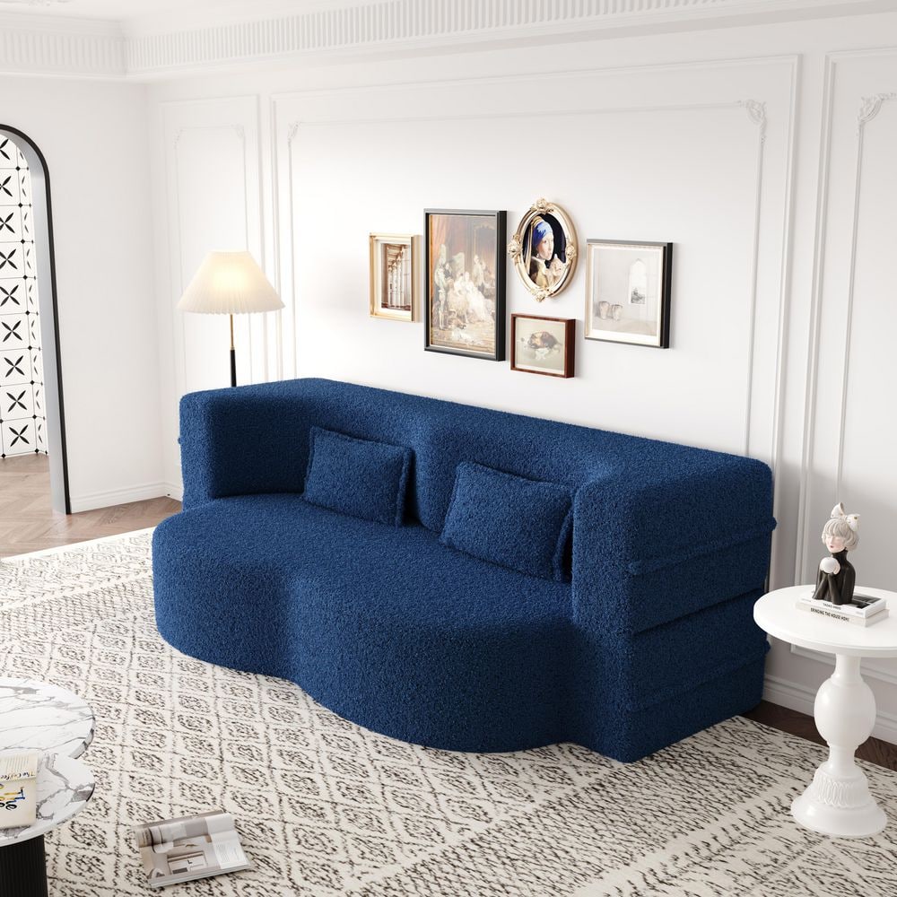 Convertible 78 in. Blue Teddy Fabric Full Size Foam-Filled Sofa Bed with 2 Pillows, No Assembly Required price history on PriceWatchPro