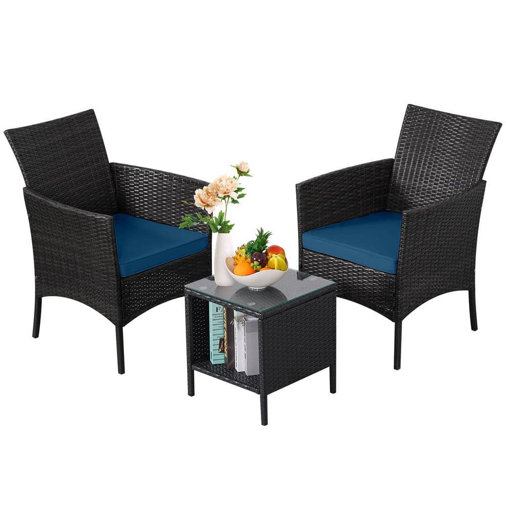 Dark Brown 3-Piece All-Weather Wicker Patio Conversation Set Bistro Set with Coffee Table and Peacock Blue Cushions price history on PriceWatchPro