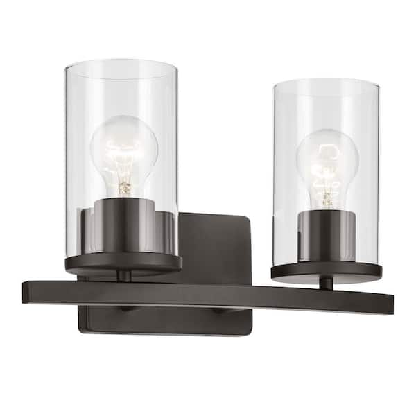 KICHLER Crosby 15.25 in. 2-Light Olde Bronze Contemporary Bathroom Vanity Light with Clear Glass