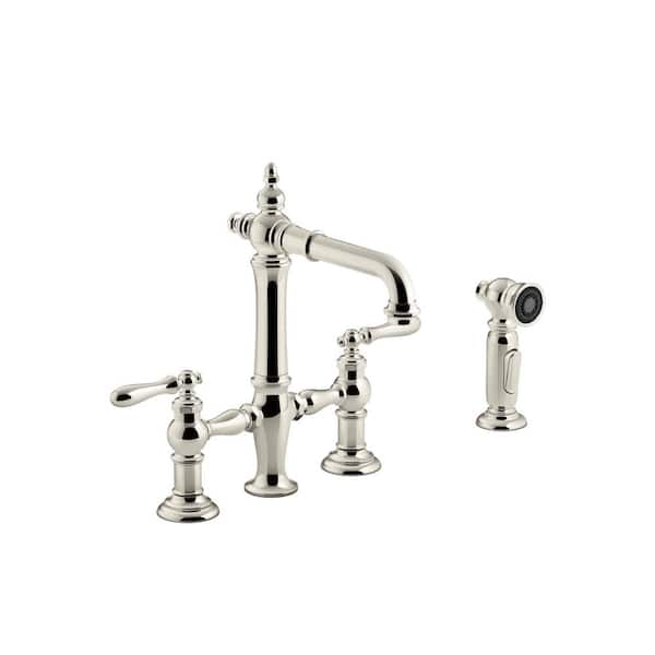 KOHLER Artifacts 2-Handle Bridge Kitchen Faucet with Lever Handles and Side Spray in Vibrant Polished Nickel