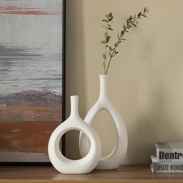 Contemporary White Ceramic Unique Shaped Flower Table Vase Centerpiece (Set  of 2)