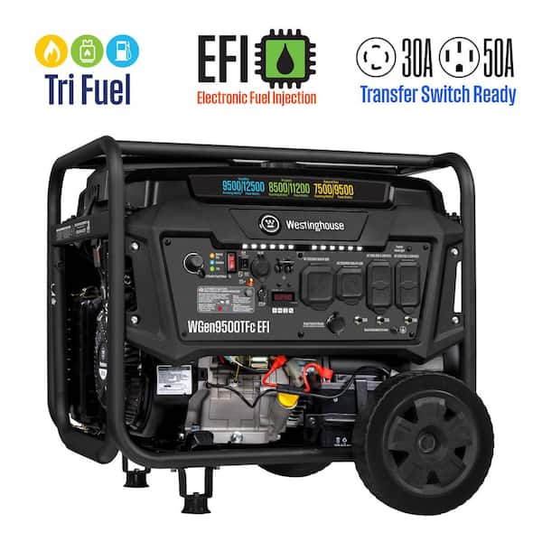 12,500/9,500-Watt Tri-Fuel Gas, Propane, Natural Gas Powered EFI Portable Generator, Remote Electric Start, 50A Outlet