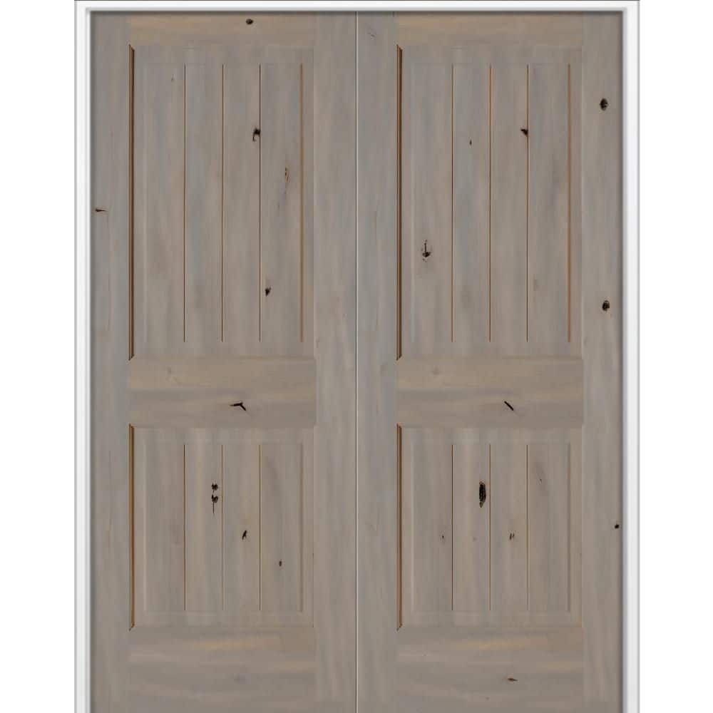 60 in. x 80 in. Knotty Alder 2-Panel V-G Solid Wood Both-Active BEHR Weathered Gray Stain Double Prehung Interior Door price history on PriceWatchPro