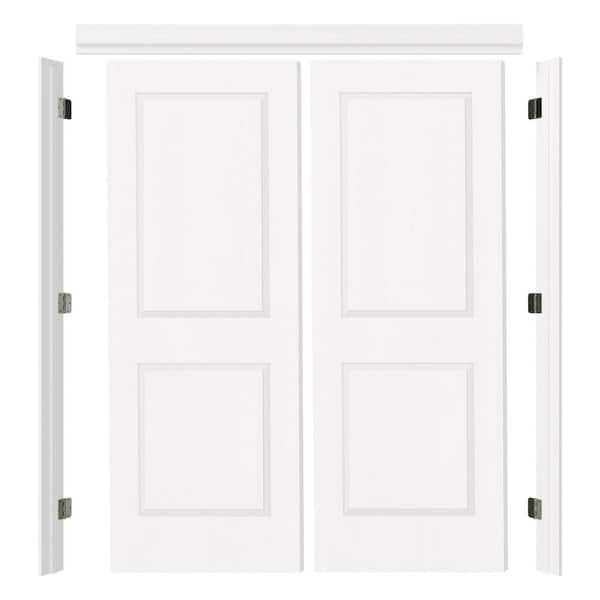 60 in. x 80 in. White Primed Hollow Core Wood French Interior Door with Quick Assemble Door Jamb Kit, 2-Panel, Universal