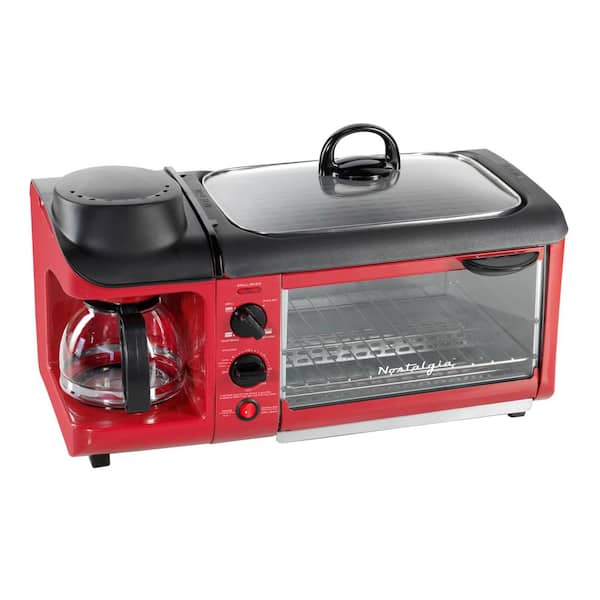 Nostalgia 1500 W 4-Slice Red Toaster Oven Breakfast Station