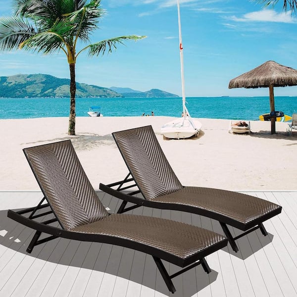 AUTMOON Patio Wicker Reclining Chair Furniture, Outdoor Beach Pool Adjustable Backrest Recliners (Set of 2)