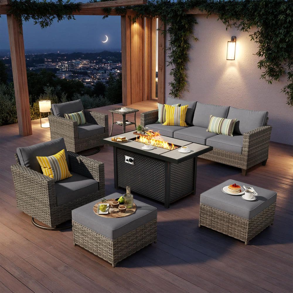 Camden Gray 7-Piece Wicker Outdoor 50000 BTU Fire Pit Patio Conversation Set with Dark Gray Cushions and Swivel Chairs price history on PriceWatchPro