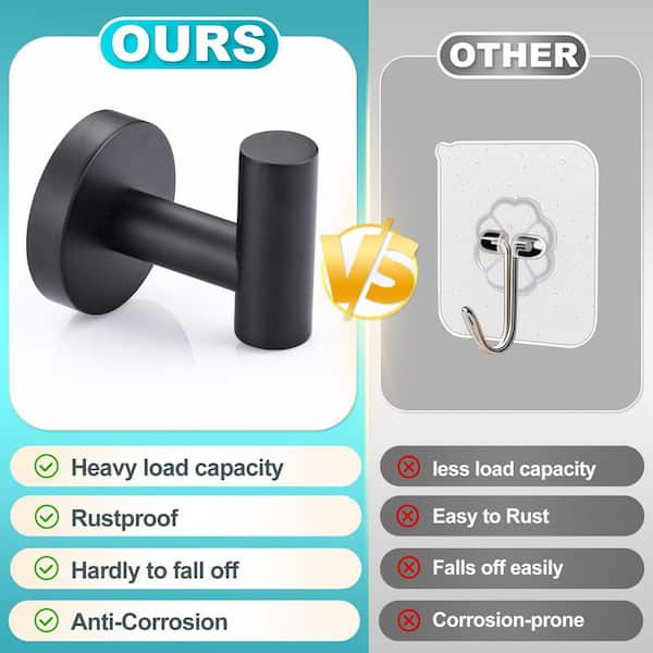 VEHHE 4-Pack Matte Black Adhesive Towel Hooks – Heavy-Duty SUS304 Stainless Steel, Rustproof, 12LB Capacity, No-Drill Wall Mount For Bathroom & Kitchen