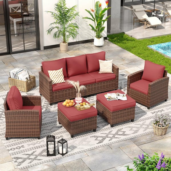 Brown Wicker 5-Person Outdoor Seating Group With Red Cushions(1-3-Seat Sofa, 2 Single Sofa, 2 Ottomans)