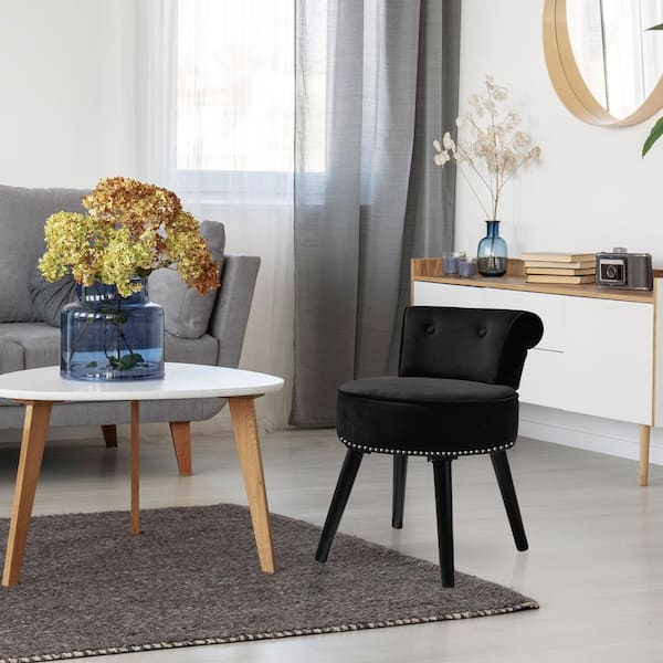 VEIKOUS Black Vanity Chair Wood Round Velvet Upholstered Stool 17.3 in. W x 15.7 in. D x 25.1 in. H