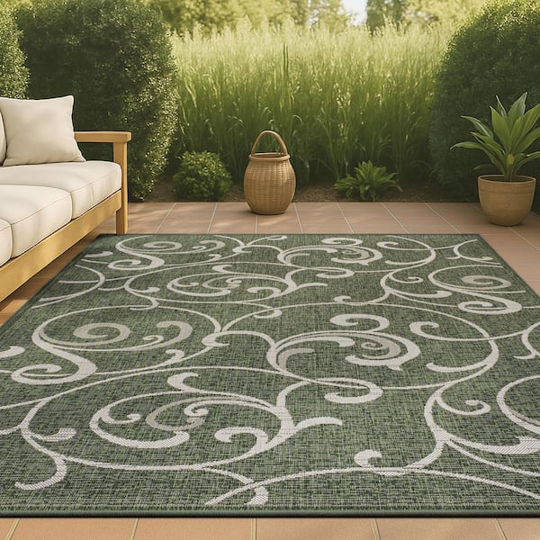 JONATHAN Y Maribel Traditional Classic All-Over Scroll Green/Cream 8 ft. x 10 ft. Indoor/Outdoor Area Rug