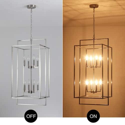 8-Light Nickel Farmhouse Chandelier with Metal Lantern Shade, Candlestick Chandeliers for Kitchen Island Chandeliers