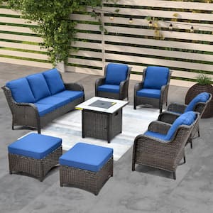 Vincent Brown 8-Piece Wicker Outdoor Patio Fire Pit Seating Sofa Set and with Navy Blue Cushions