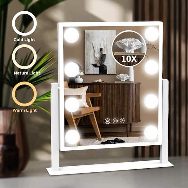 YULIKA 12 in. W x 14.17 in. H LED Vanity Mirror Rectangular Framed Makeup Mirror Tabletop Bathroom Vanity Mirror in White