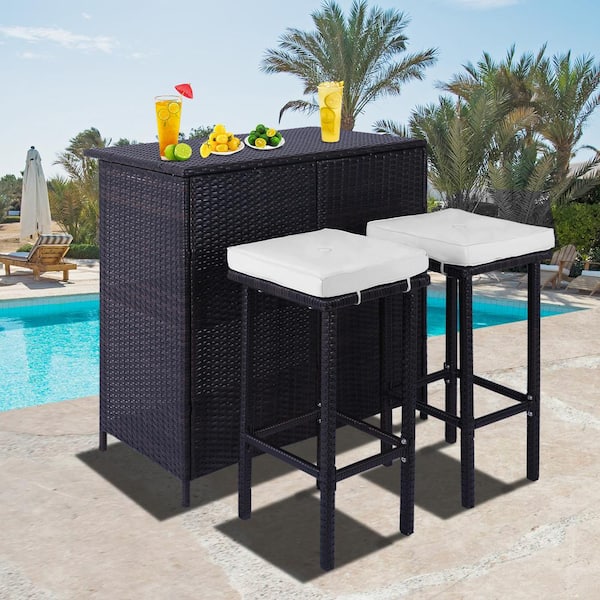 Zeus & Ruta 3-Piece Brown Wicker Patio Outdoor Conversation Bar Set with Beige Cushions, 1-Table and 2-Stools